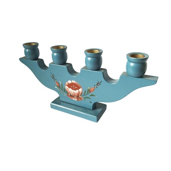 Swedish Wooden Candle Holder Vintage 4 Candles Hand Painted Floral 80s - Picture 3 of 6